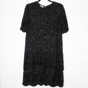 Brilliante J.A. VTG Womens Shift Dress L Black 100% Silk Event Going Out Sequins